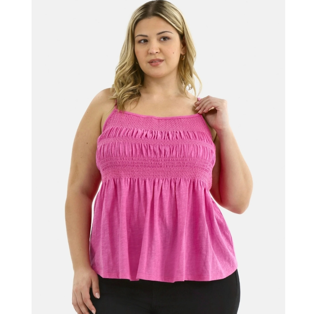 Terra & Sky Smocked Cotton‎ Peplum Style Tank Pink 2X (20W-22W)